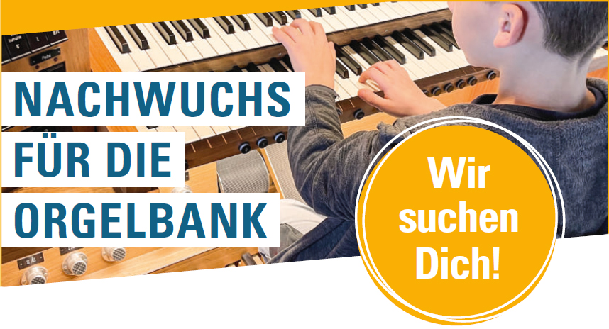 Junge sitzt an Orgel und spielt, Text: Nachwuchs für die Orgelbank – Wir suchen Dich!